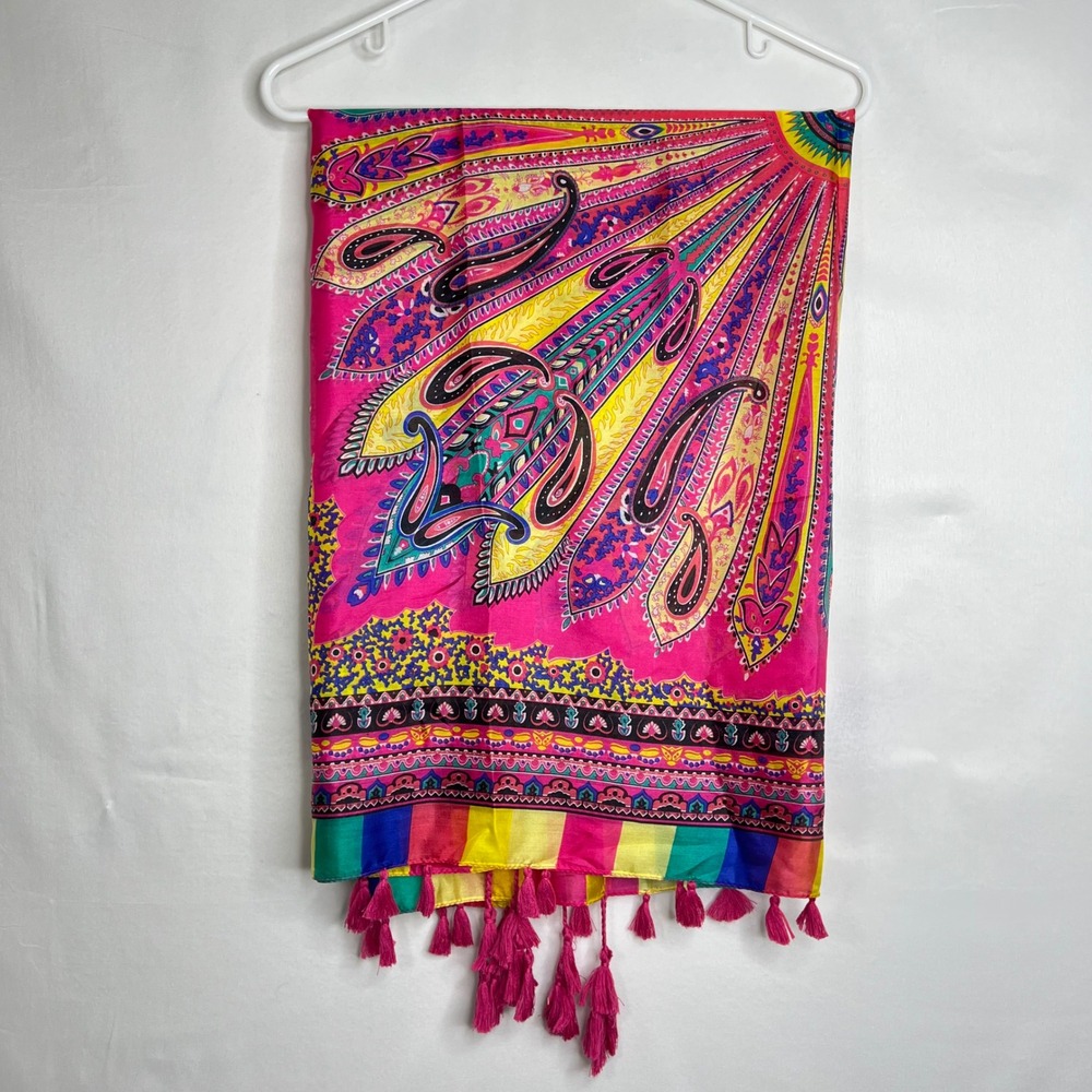 Vintage Pink Paisley Silk Scarf Womens 42" Square Tassel Trim Wrap Boho Eclectic